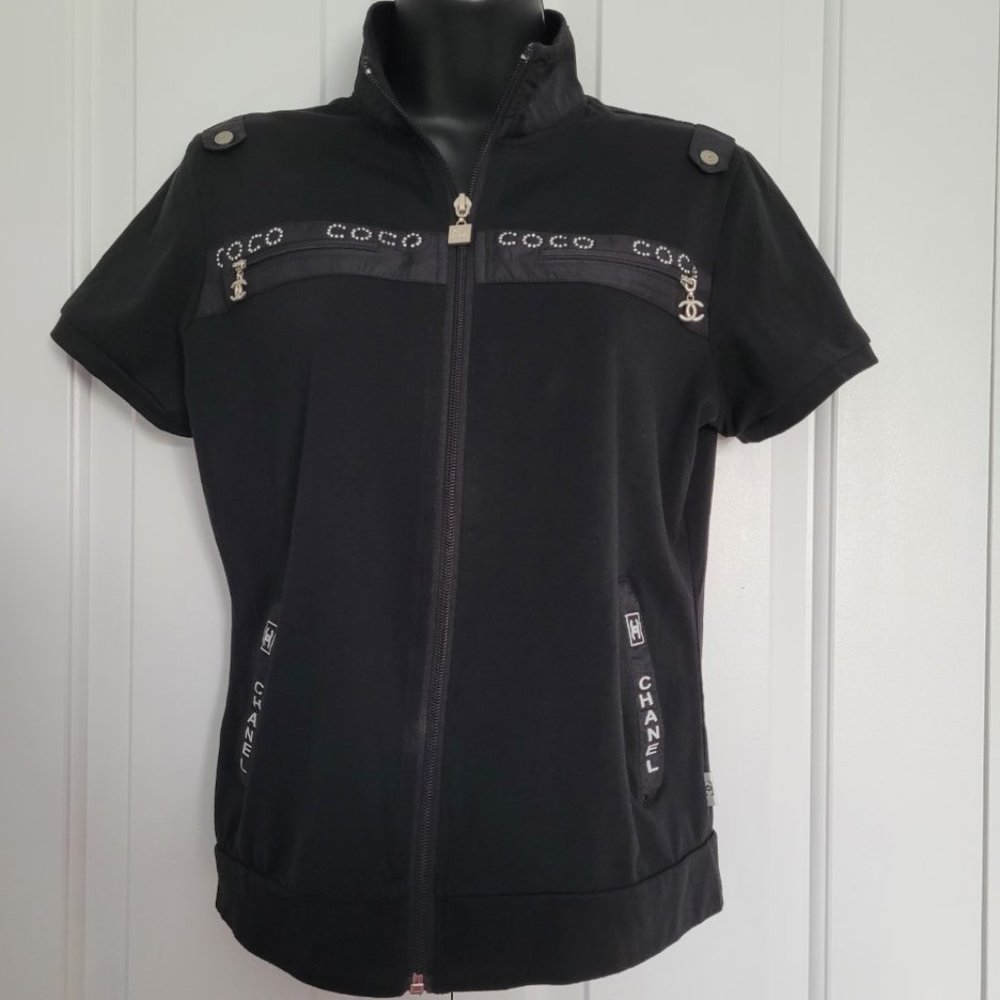 Authentic CHANEL vintage coco logo cotton zip-up blouse black size L (US M)